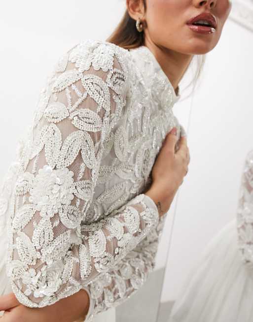 ASOS DESIGN – Arabella – Vit bröllopsklänning i minilängd med utsmyckat liv och kjol i mesh, 2 av 5