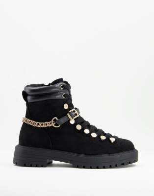 ASOS DESIGN Arabelle chain trim hiker boots in black - ASOS Price Checker