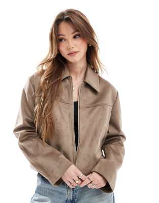 ASOS DESIGN - Arbeiterjacke aus Wildlederimitat in Steinbeige mit Kragen-Neutral