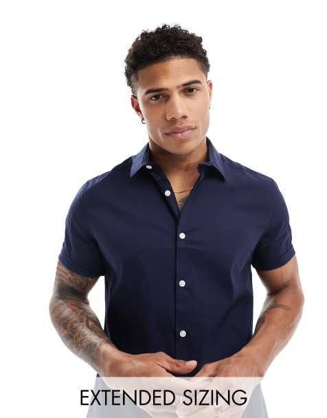 ASOS DESIGN – Arbeitshemd in Marine mit schmalm Schnitt und Stretchanteil - view 1