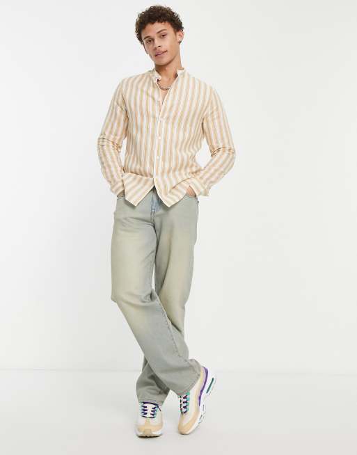 ASOS DESIGN - Arbejdsskjorte af hør i regular fit med gyldenbrune striber og grandad-krave, 2 af 4