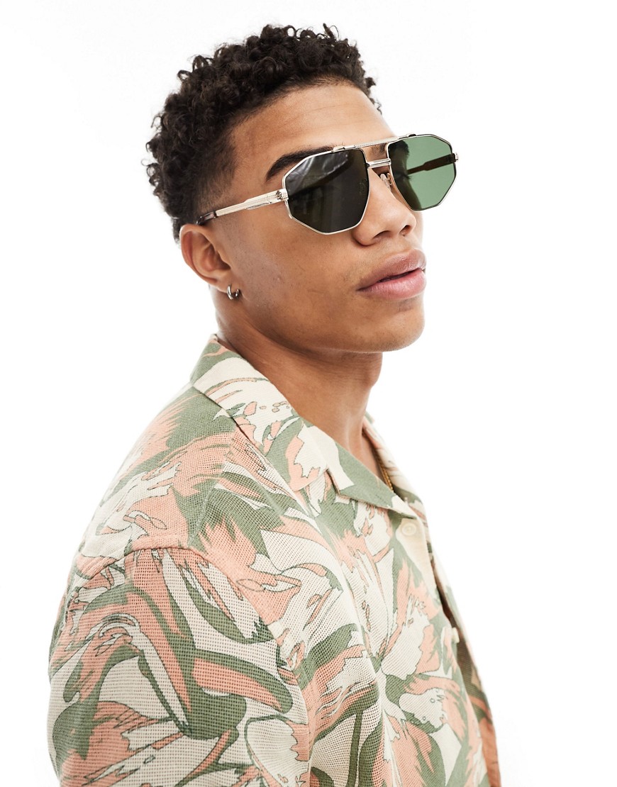 Asos Design Archive Angled Aviator In Gold With Green Lens And Chain Detail