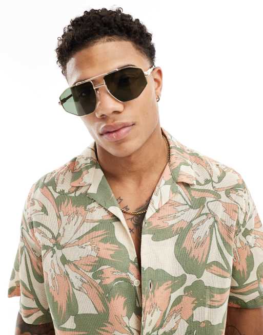 ASOS DESIGN archive aviator sunglasses in gold with green lens, 3 of 4