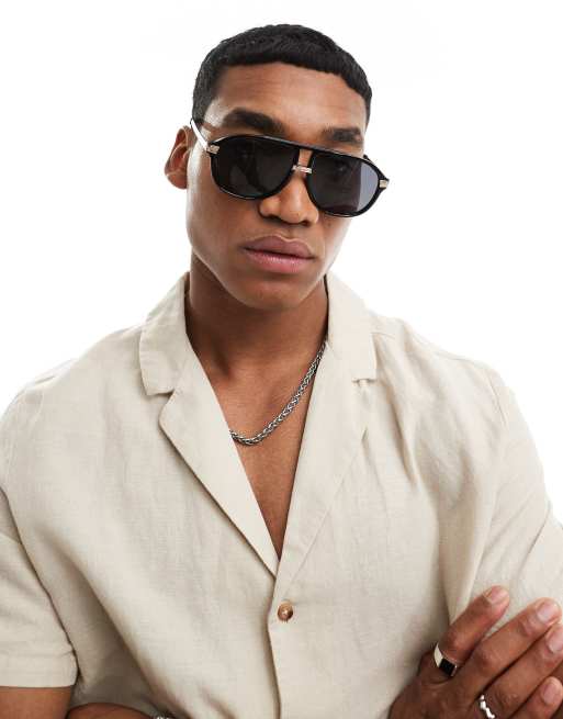 ASOS DESIGN - Archive - Sorte aviator-solbriller med guldfarvede detaljer i 70'er-stil
