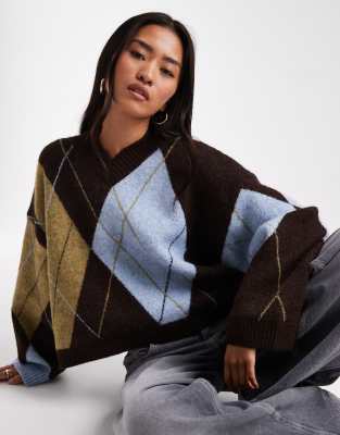 Asos Design Argyle Boxy V Neck Sweater In Brown