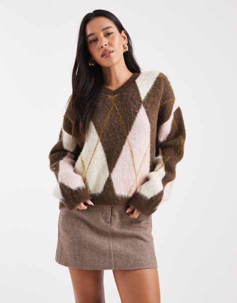ASOS DESIGN argyle boxy v neck sweater in chocolate - view 1