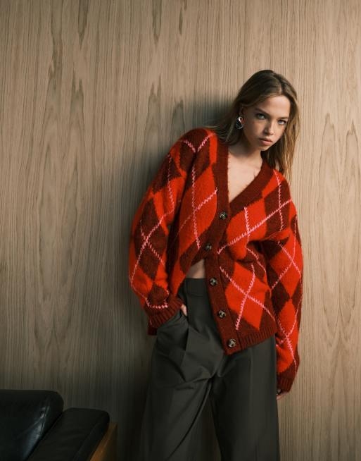 ASOS DESIGN argyle brushed boyfriend cardigan in red