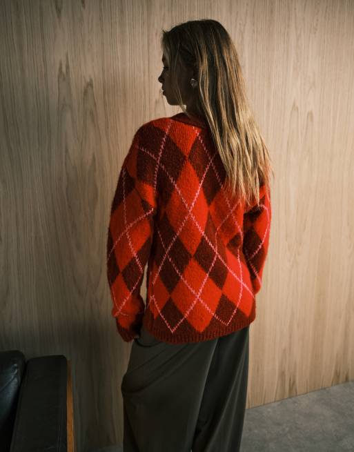 ASOS DESIGN argyle brushed boyfriend cardigan in red
