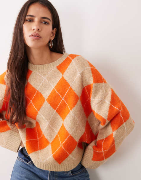 ASOS DESIGN argyle crew neck jumper in camel and orange - view 1