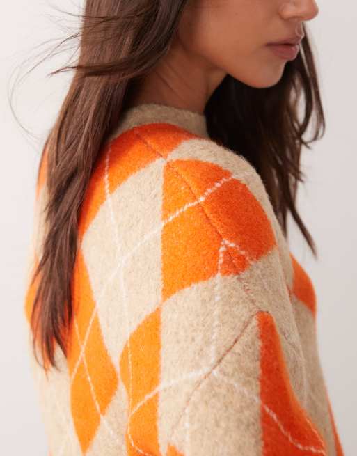 ASOS DESIGN argyle crew neck jumper in camel and orange, 2 of 4