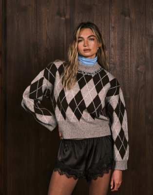 Asos Design Argyle Embellished Neck Sweater In Brown