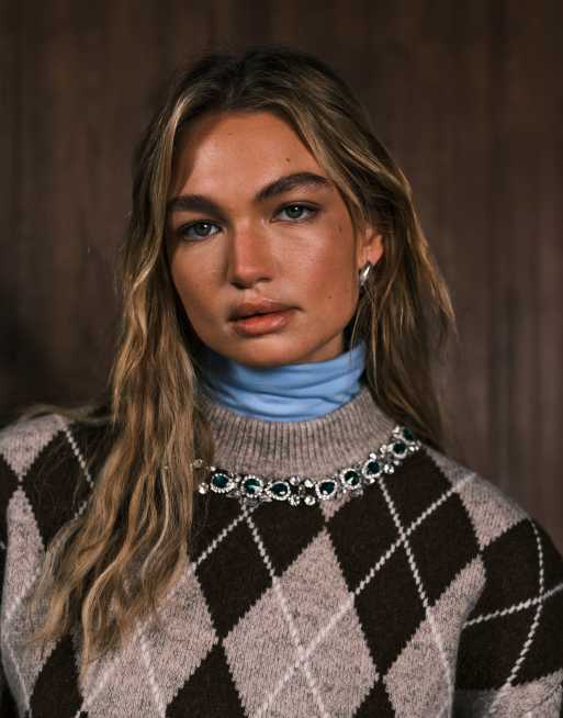 ASOS DESIGN argyle embellished neck sweater in brown ASOS