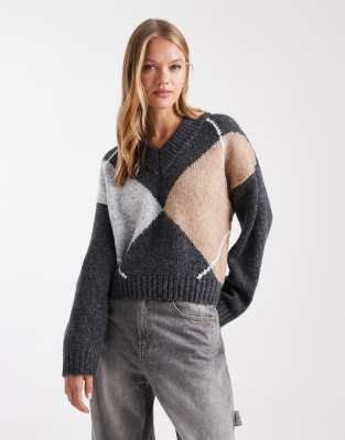 Asos Design Argyle High V-neck Sweater In Multi