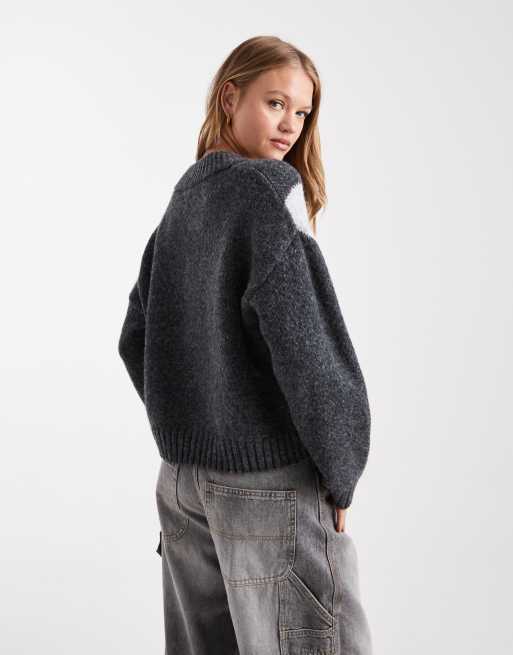 ASOS DESIGN argyle high V-neck sweater in mocha