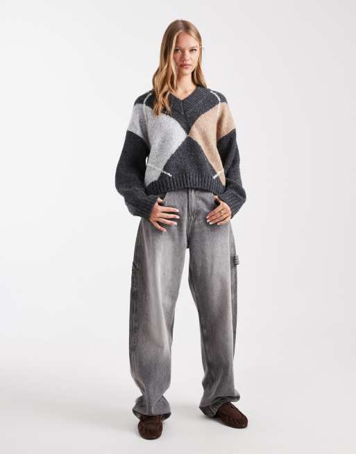 ASOS DESIGN argyle high V-neck sweater in mocha