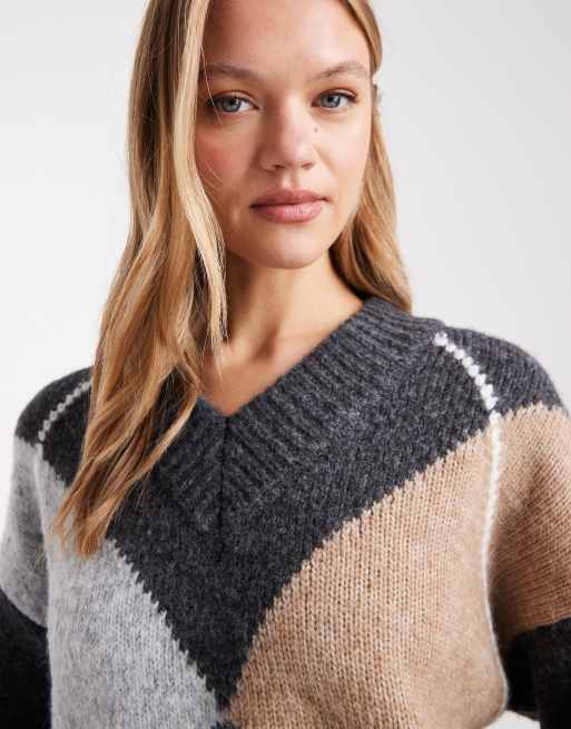 ASOS DESIGN argyle high V-neck sweater in mocha