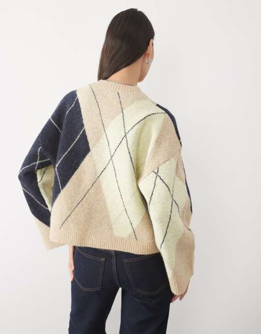 ASOS DESIGN argyle jumper in navy & buttermilk, 3 of 10
