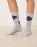 [ASOS DESIGN] ASOS DESIGN argyle navy and blue check socks in grey marl One Size Grey marle