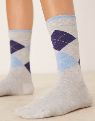 Asos Design Argyle Navy And Blue Plaid Socks In Gray