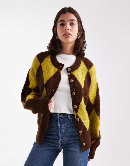 ASOS DESIGN argyle oversized boxy cardigan in beige and mint