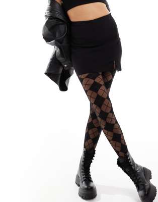 argyle plaid tights in black