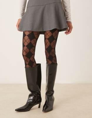Asos Design Argyle Plaid Tights In Brown