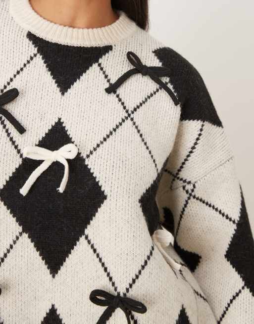 ASOS DESIGN - Argyle trui met verspreide strikken in zwart, 3 van 4