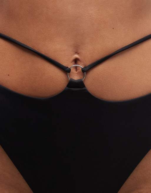 ASOS DESIGN Ari high waist cut out bikini bottom with hoop hardware detail in black, 4 of 4