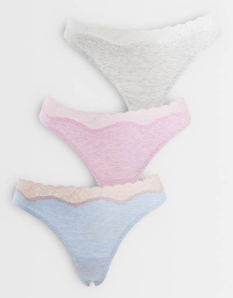 ASOS DESIGN – Aria – 3er-Pack Tangas aus Baumwolle in Rosa meliert, Grau meliert und Blau mit Spitzenborte - view 1