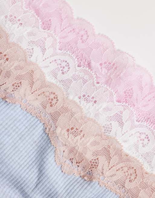 ASOS DESIGN – Aria – 3er-Pack Tangas aus Baumwolle in Rosa meliert, Grau meliert und Blau mit Spitzenborte, 2 von 3