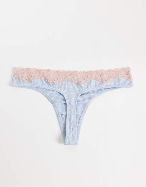 ASOS DESIGN – Aria – 3er-Pack Tangas aus Baumwolle in Rosa meliert, Grau meliert und Blau mit Spitzenborte, 3 von 3