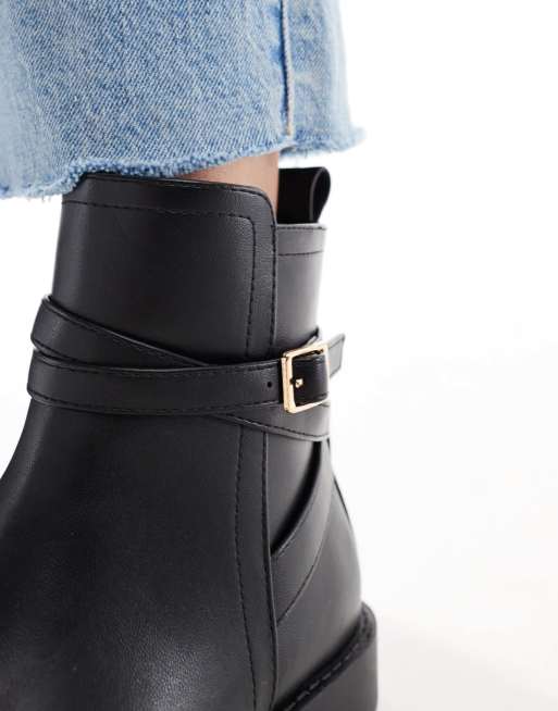 ASOS DESIGN Aria flat chelsea boots with buckle detail in black