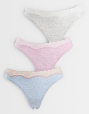 ASOS DESIGN - Aria - Lot de 3 strings en coton avec bordures en dentelle - Rose chiné, gris chiné et bleu-multicolore