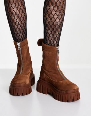 ASOS DESIGN Ariel premium zip front boots in chocolate suede