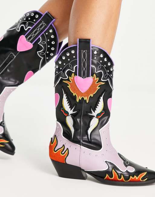 ASOS DESIGN Arkansas flat western boots with hearts and flames