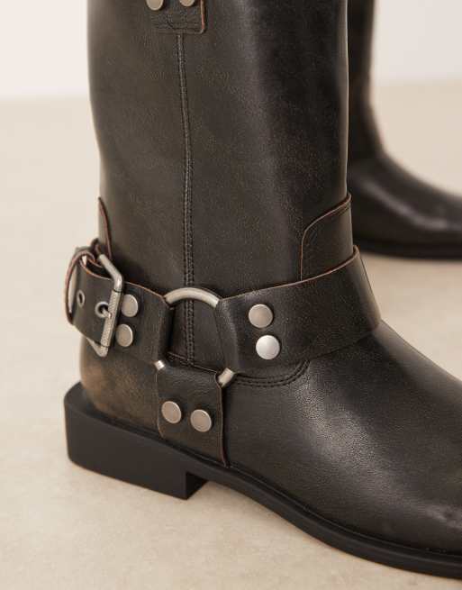 ASOS DESIGN Arley burnished flat biker boots in brown