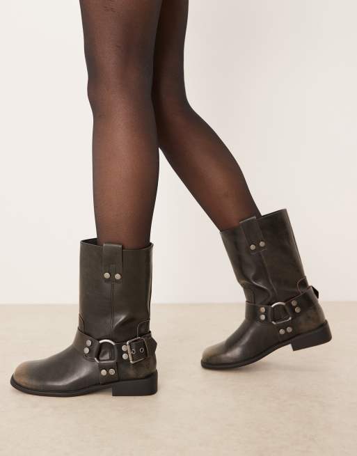 ASOS DESIGN Arley burnished flat biker boots in brown