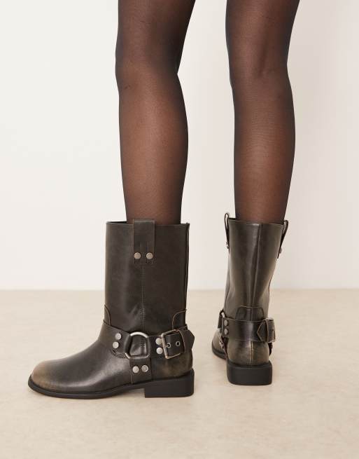 ASOS DESIGN Arley burnished flat biker boots in brown