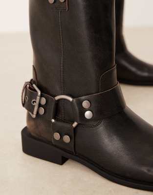 Asos Design Arley Burnished Flat Biker Boots In Gray