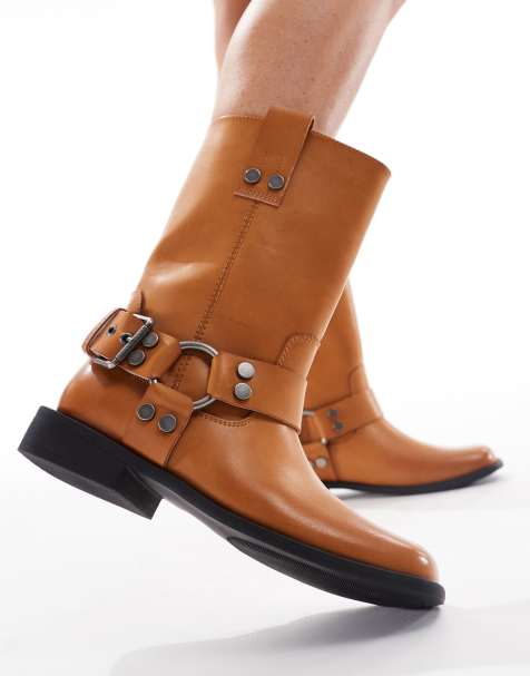 ASOS DESIGN Arley burnished flat biker boots in camel - view 1