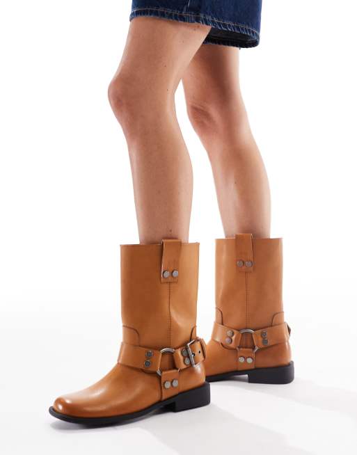 ASOS DESIGN Arley burnished flat biker boots in camel ASOS