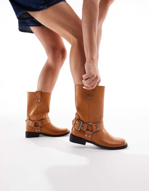 ASOS DESIGN Arley burnished flat moto boots in camel - view 1