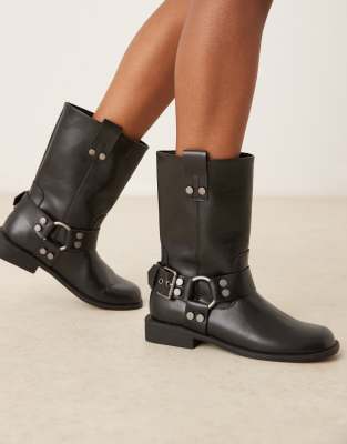 Asos Design Arley Flat Biker Boots In Black