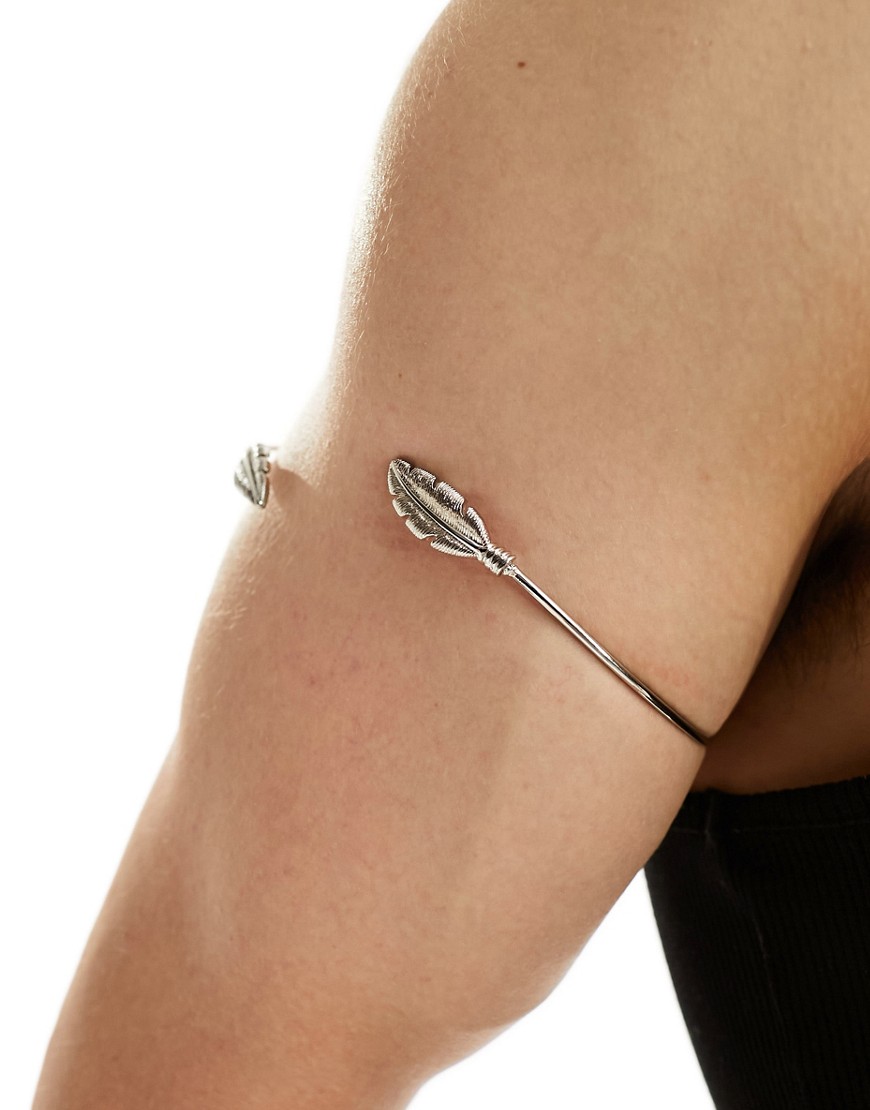 Asos Design Arm Cuff With Feather Design In Silver Tone