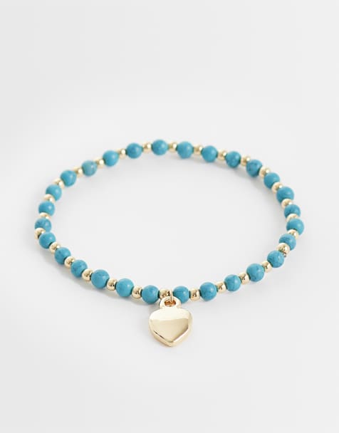 ASOS DESIGN armband met turquoise kralen en hartbedel in goudkleur - view 1