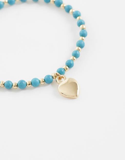 ASOS DESIGN armband met turquoise kralen en hartbedel in goudkleur, 2 van 3