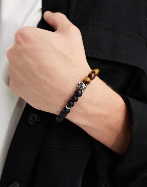 ASOS DESIGN – Armband mit Halbedelstein und Tiger- und Gepardenkopf in Silberoptik