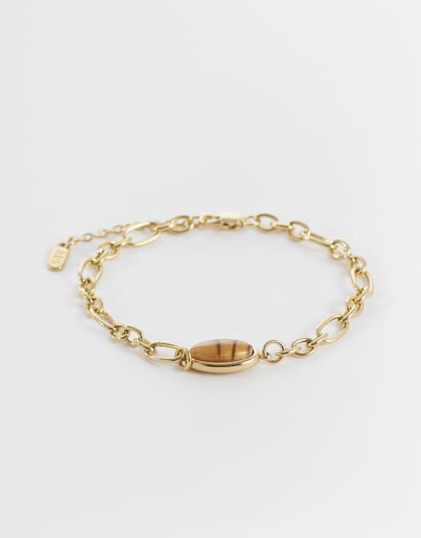 ASOS DESIGN - Armband van waterbestendig roestvrij staal met ovale imitatie-tijgeroog in goud - view 1