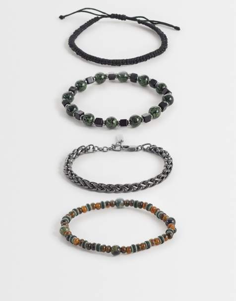 ASOS DESIGN – Armbänder in Silberoptik mit grünem Perlen- und Kettendesign, 4er-Pack - view 1