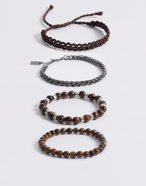 ASOS DESIGN – Armbänder mit Tigeraugen-Halbedelsteinen und Kettchen in Braun, 4er-Pack - view 1